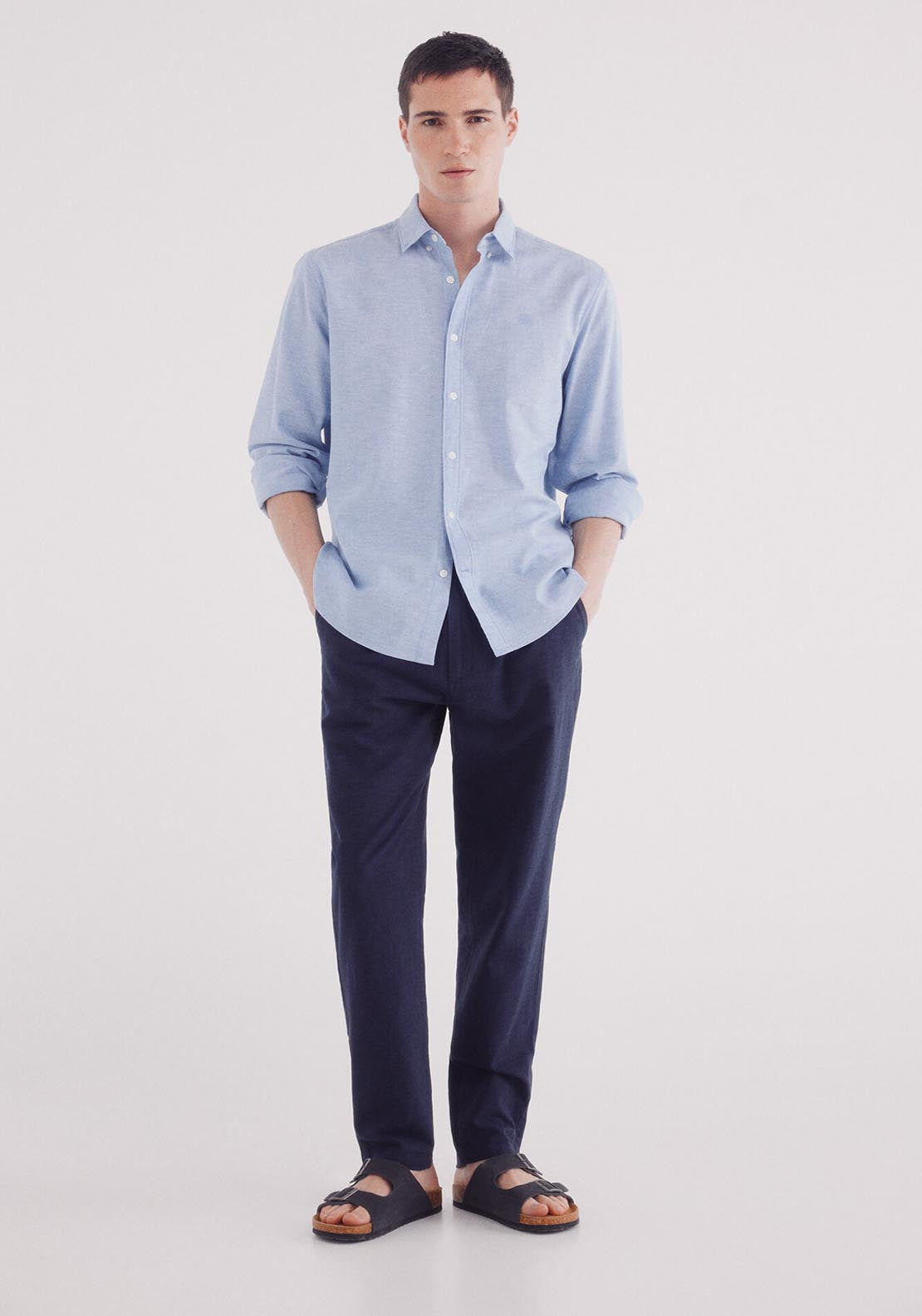 Springfield Slim Fit Linen Chinos Trousers - Blue 1 Shaws Department Stores