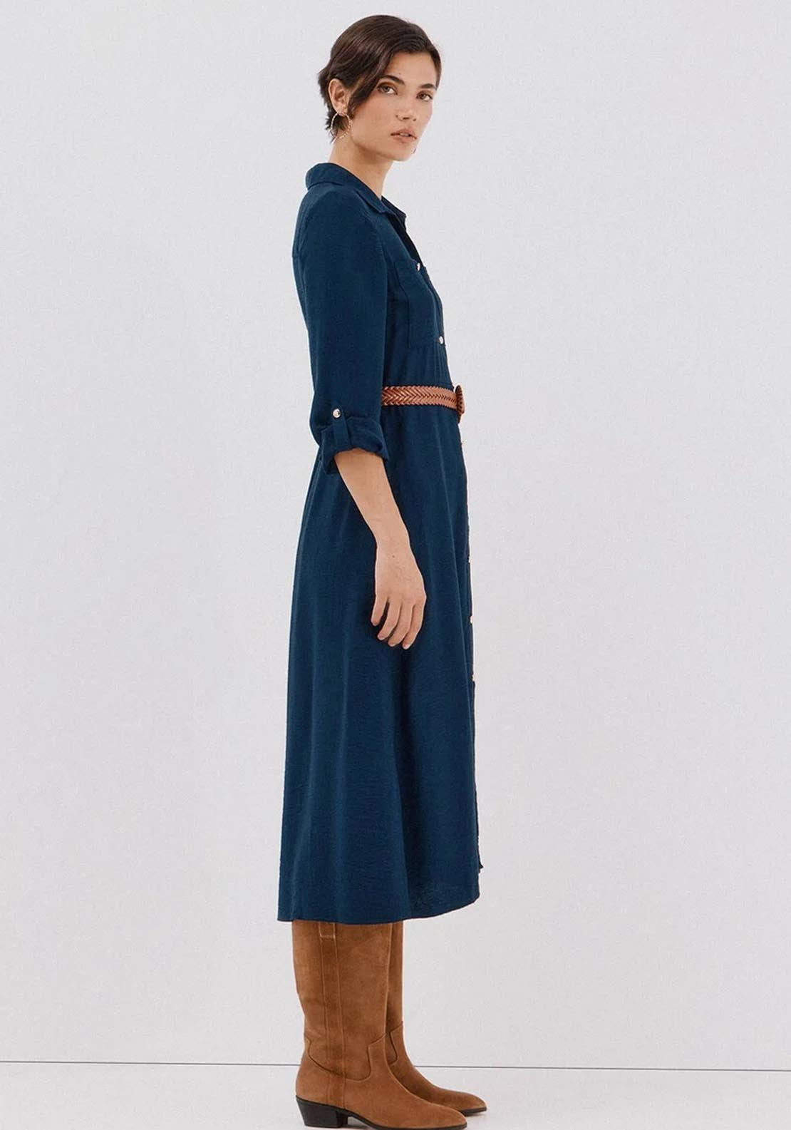 Belted Shirt Dress - Blue