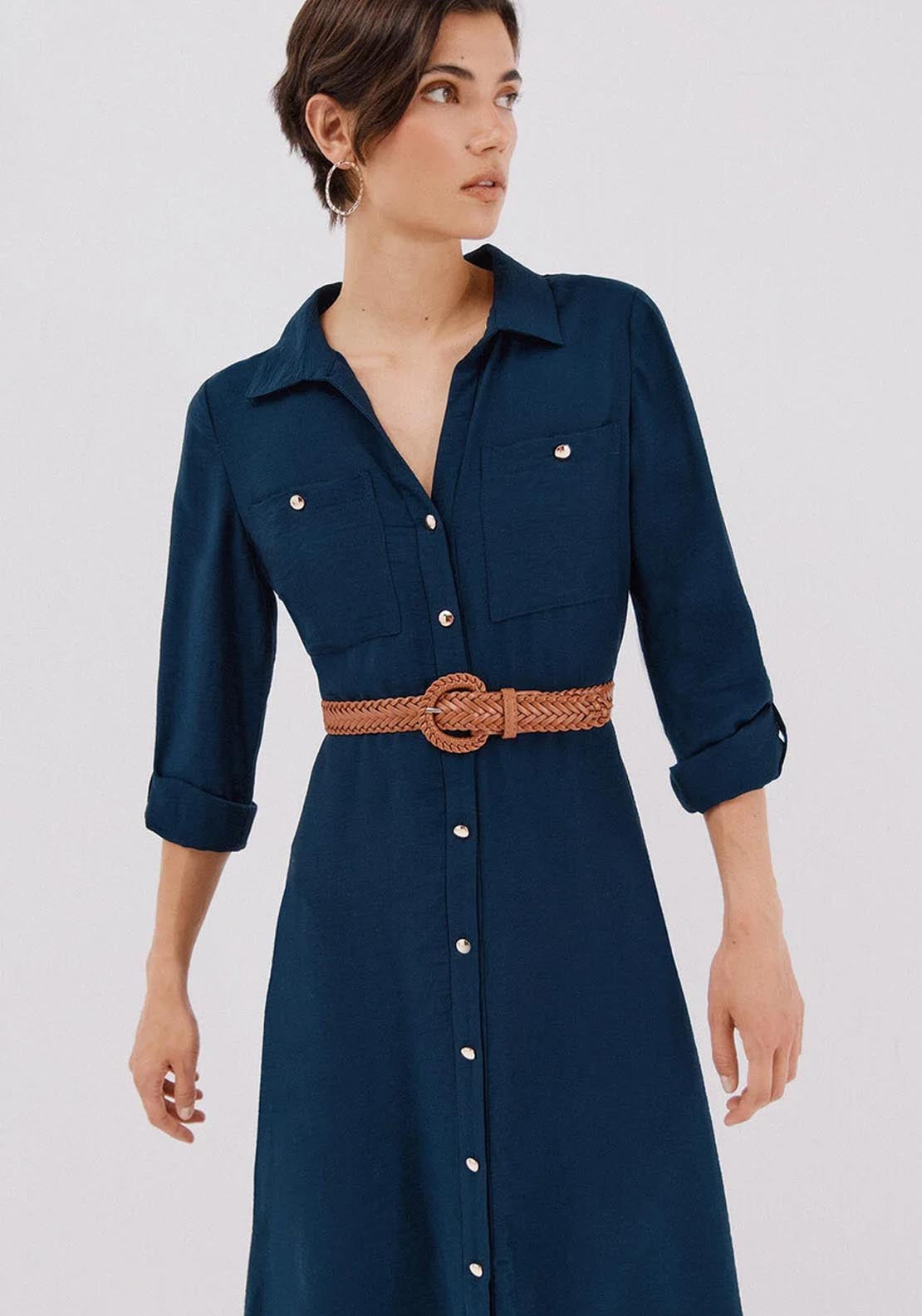 Belted Shirt Dress - Blue