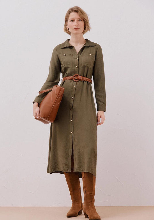 Belted Shirt Dress - Beige