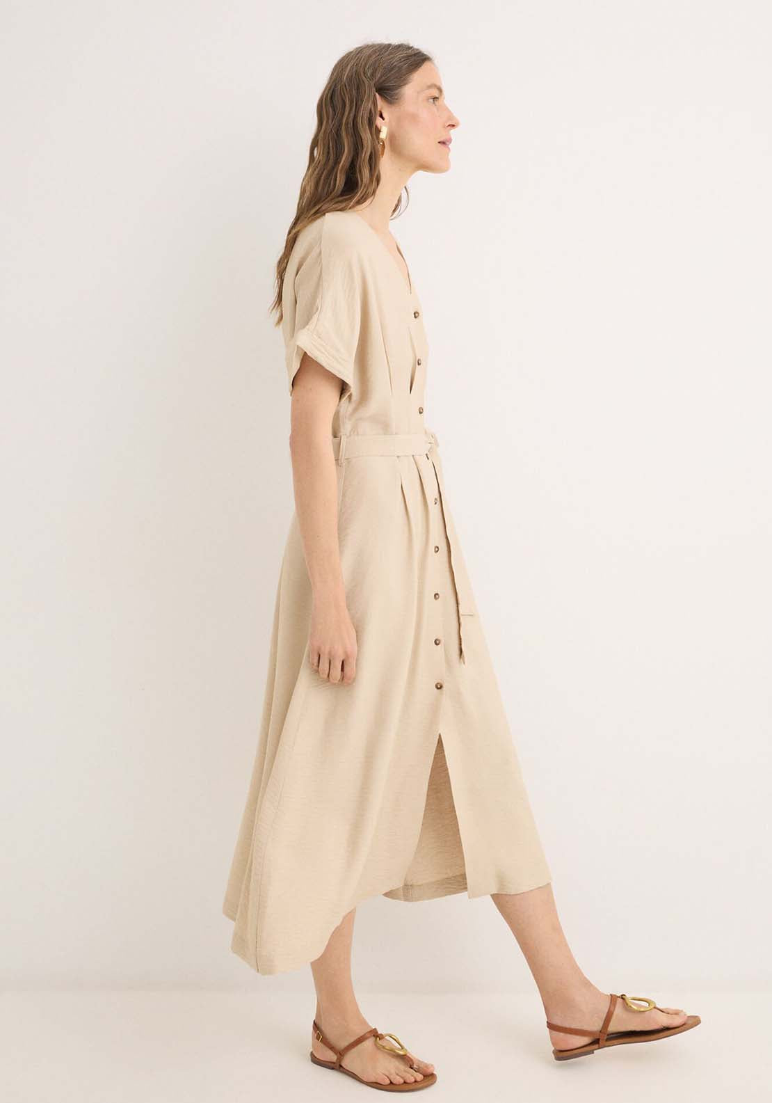 Pleated Midi Dress - Beige