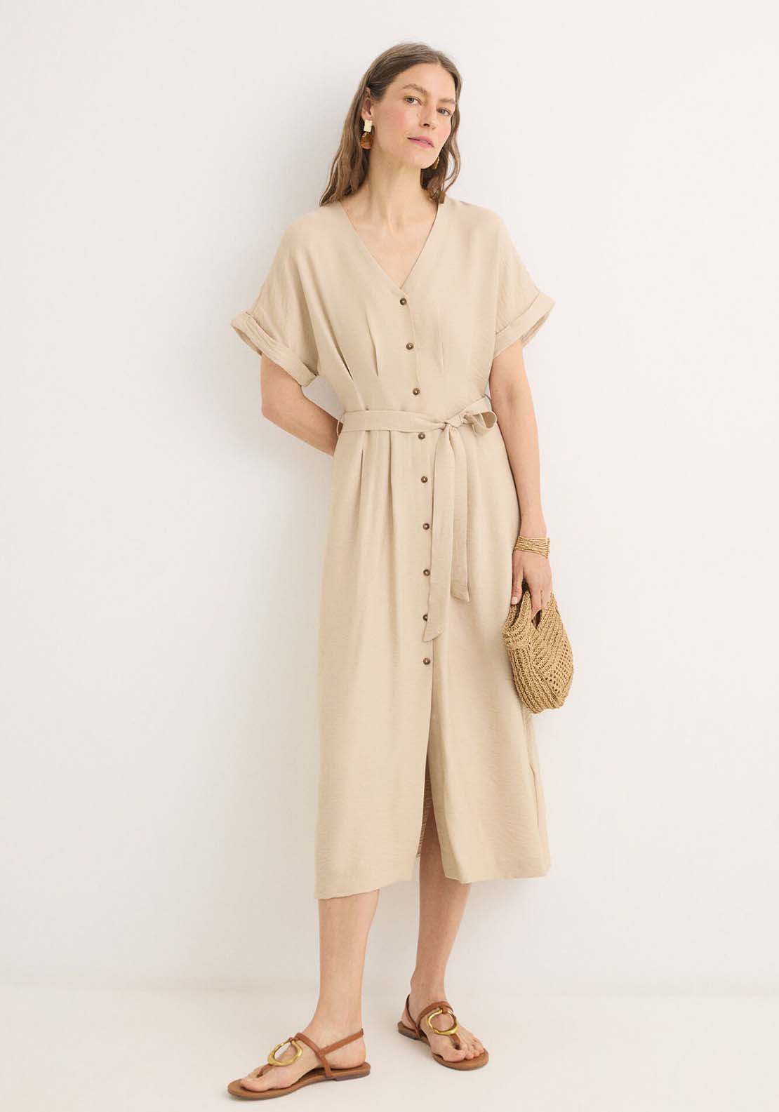Pleated Midi Dress - Beige