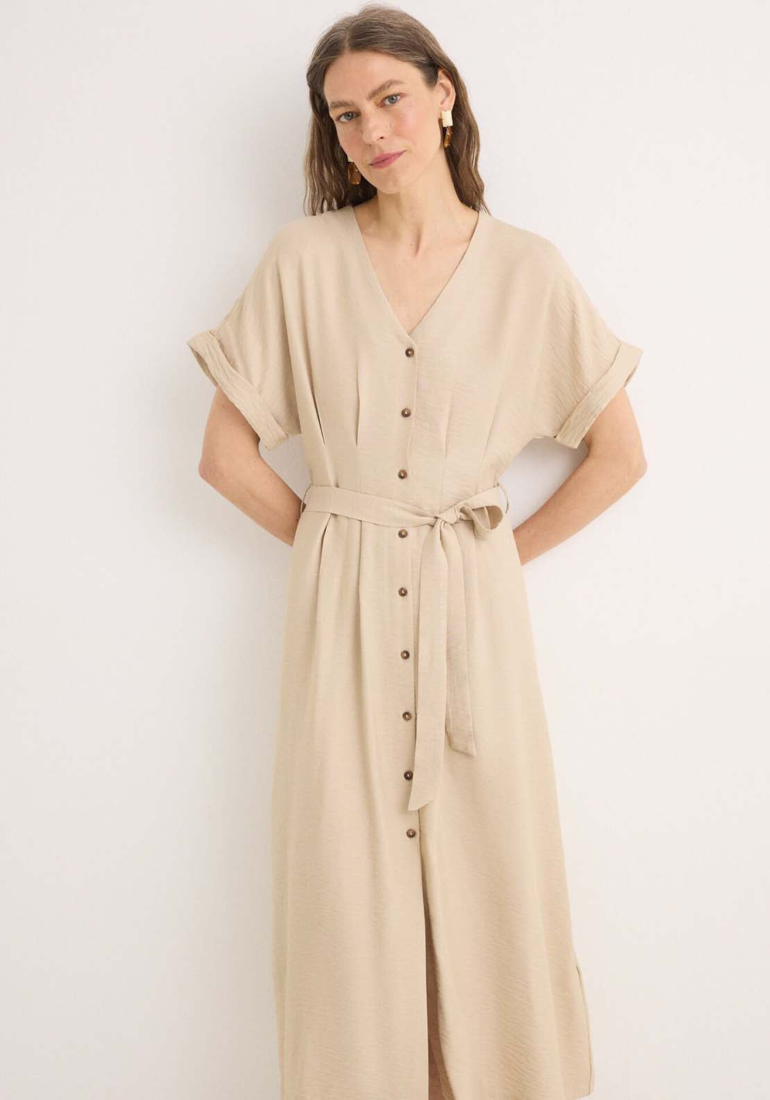 Pleated Midi Dress - Beige