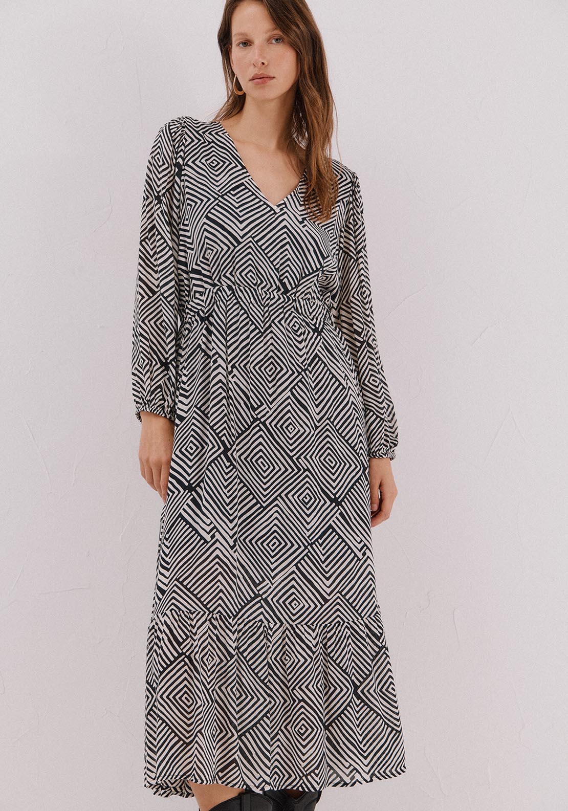 Printed Dress With Elastic Waistband - Burgundy