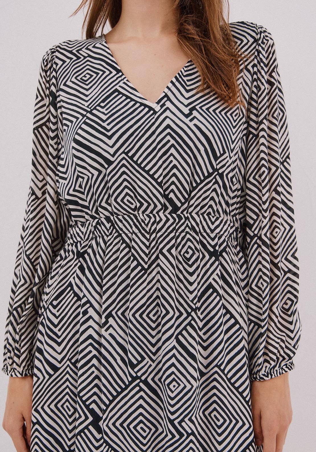 Printed Dress With Elastic Waistband - Burgundy
