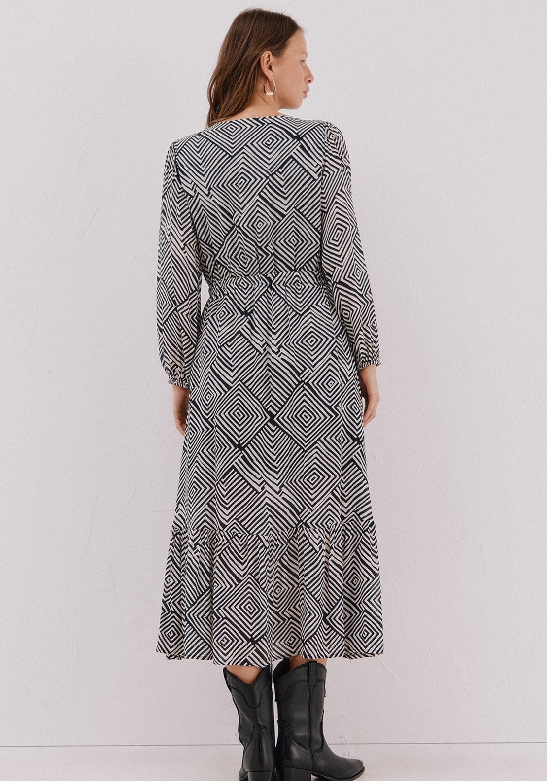 Printed Dress With Elastic Waistband - Burgundy