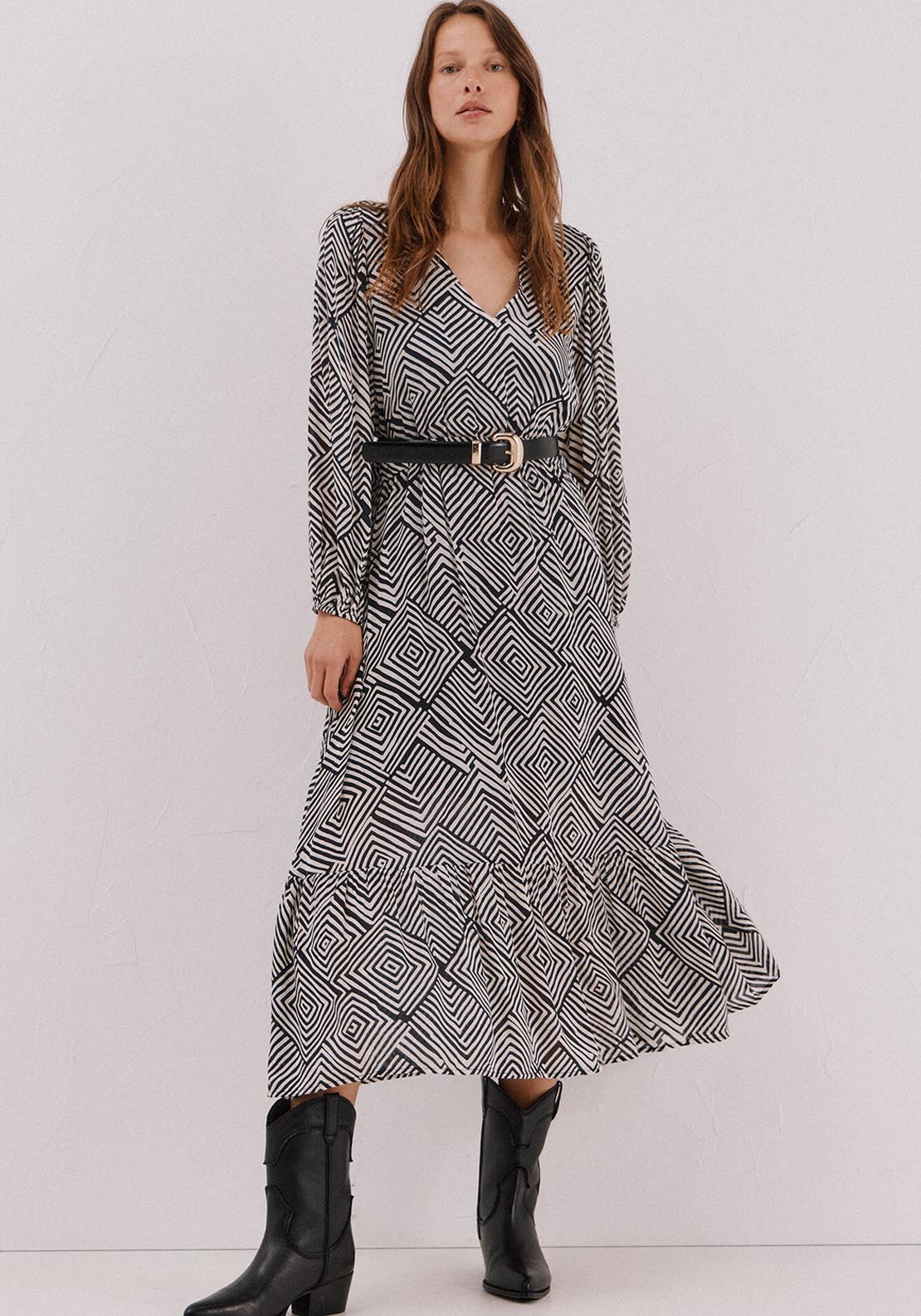 Printed Dress With Elastic Waistband - Burgundy