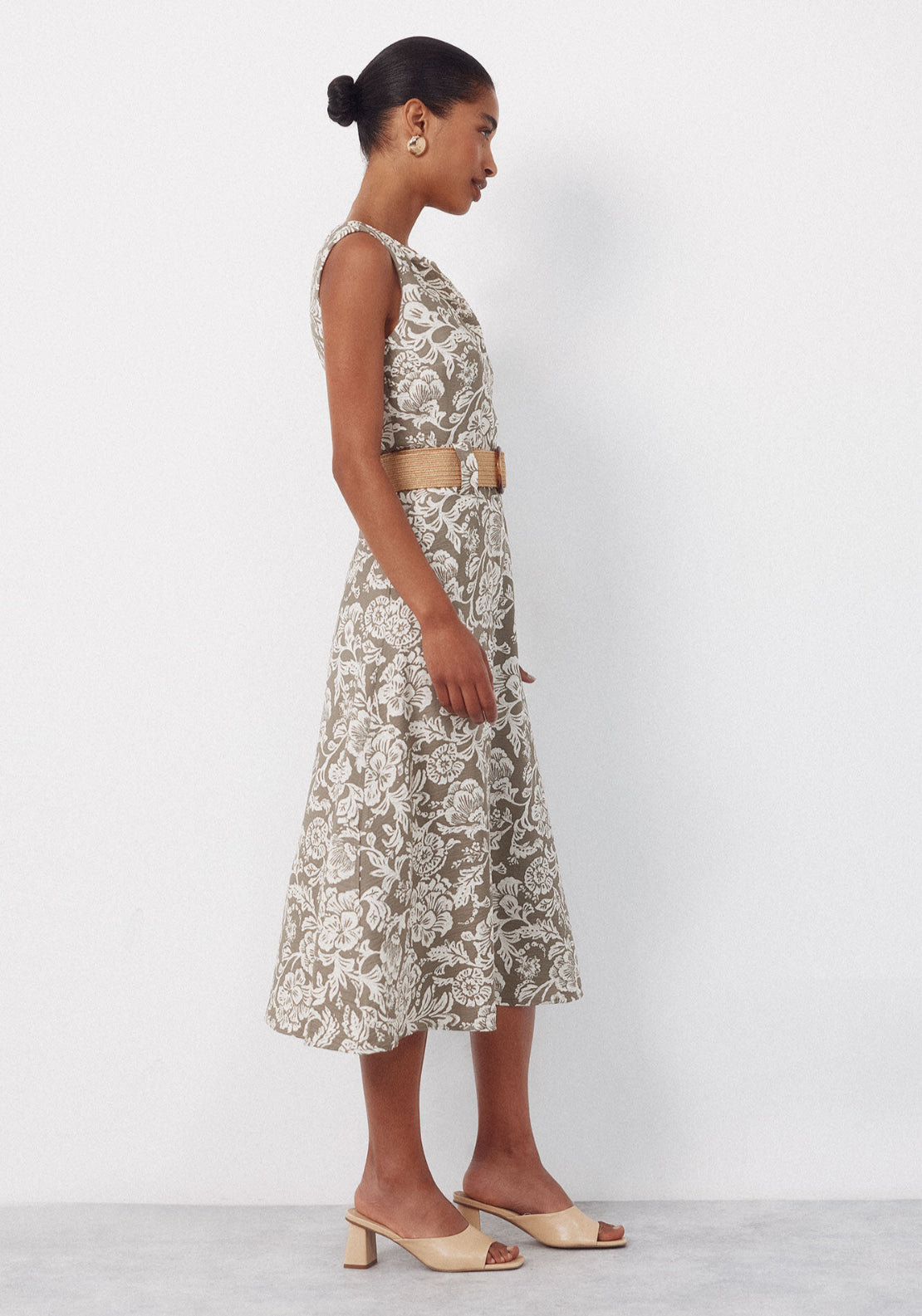 Fluid Embroidered Printed Dress - Dark Khaki