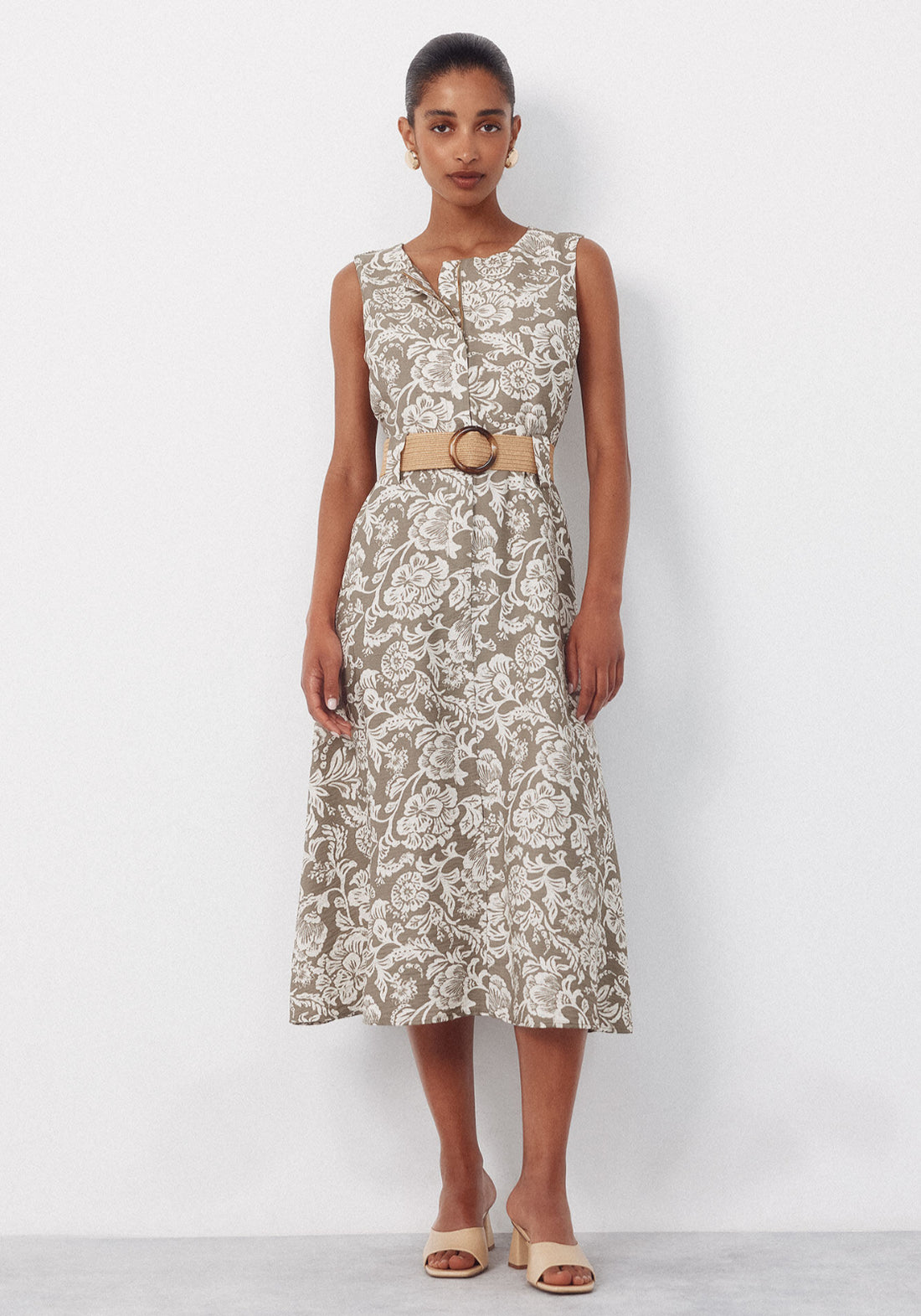 Fluid Embroidered Printed Dress - Dark Khaki Shaws Fluid Embroidered Printed Dress - Dark Khaki Shaws