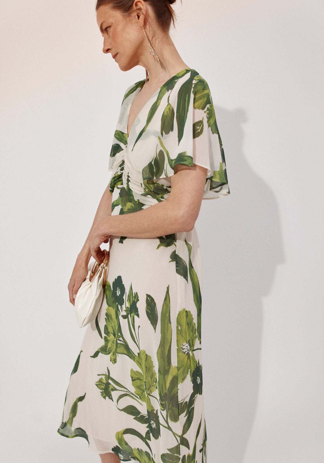 Cortefiel Cap Sleeve Gathered Midi Dress - White 4 Shaws Department Stores