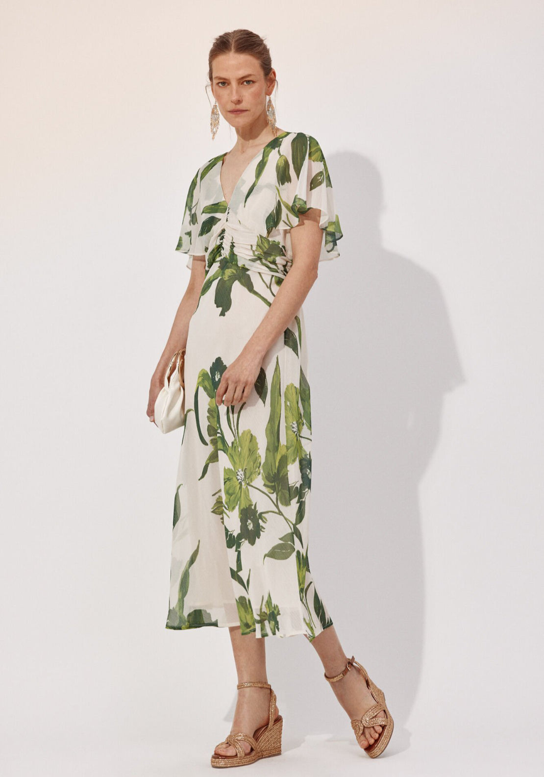 Cortefiel Cap Sleeve Gathered Midi Dress - White 1 Shaws Department Stores