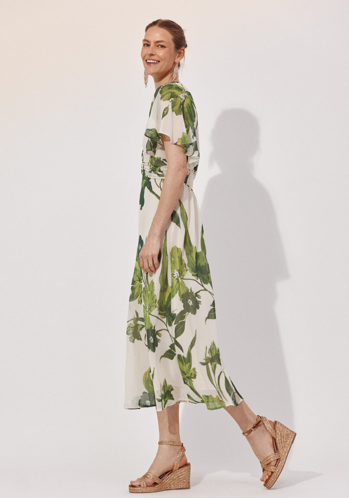 Cortefiel Cap Sleeve Gathered Midi Dress - White 3 Shaws Department Stores