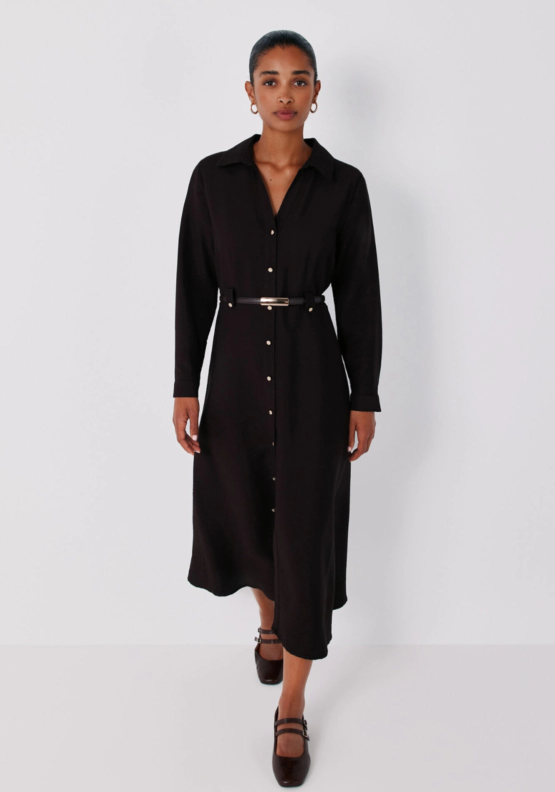 Viscose Lapel Shirt Midi Dress - Dark Brown