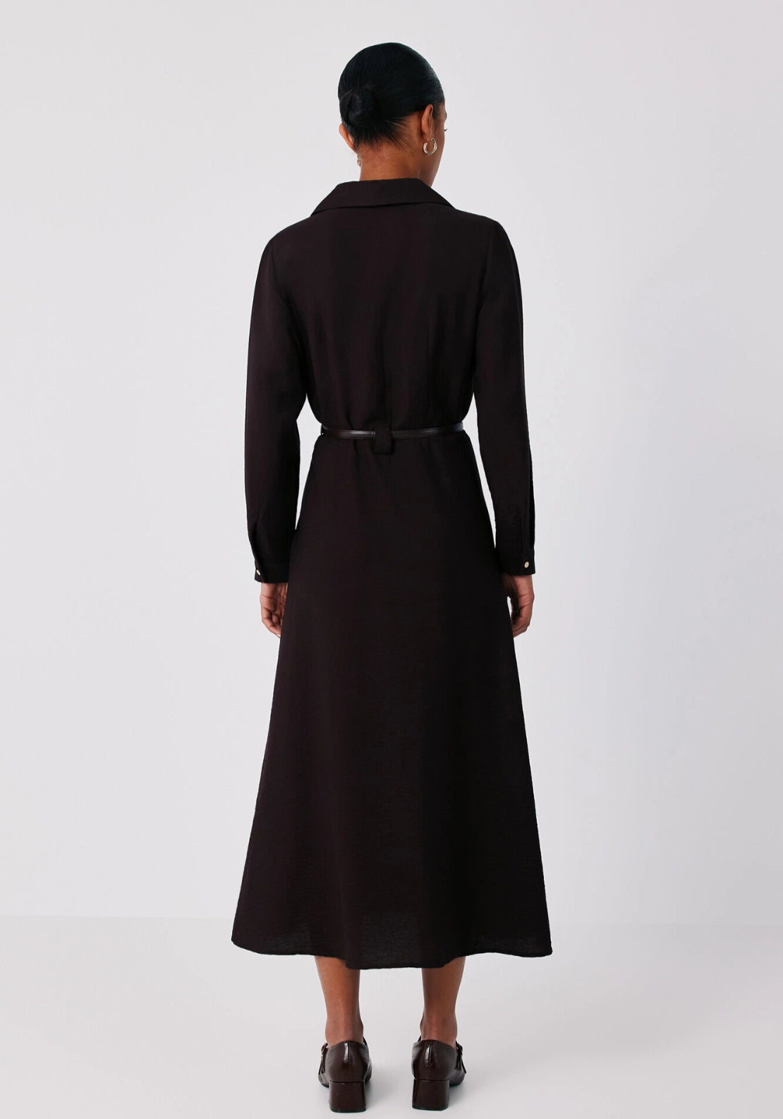 Viscose Lapel Shirt Midi Dress - Dark Brown