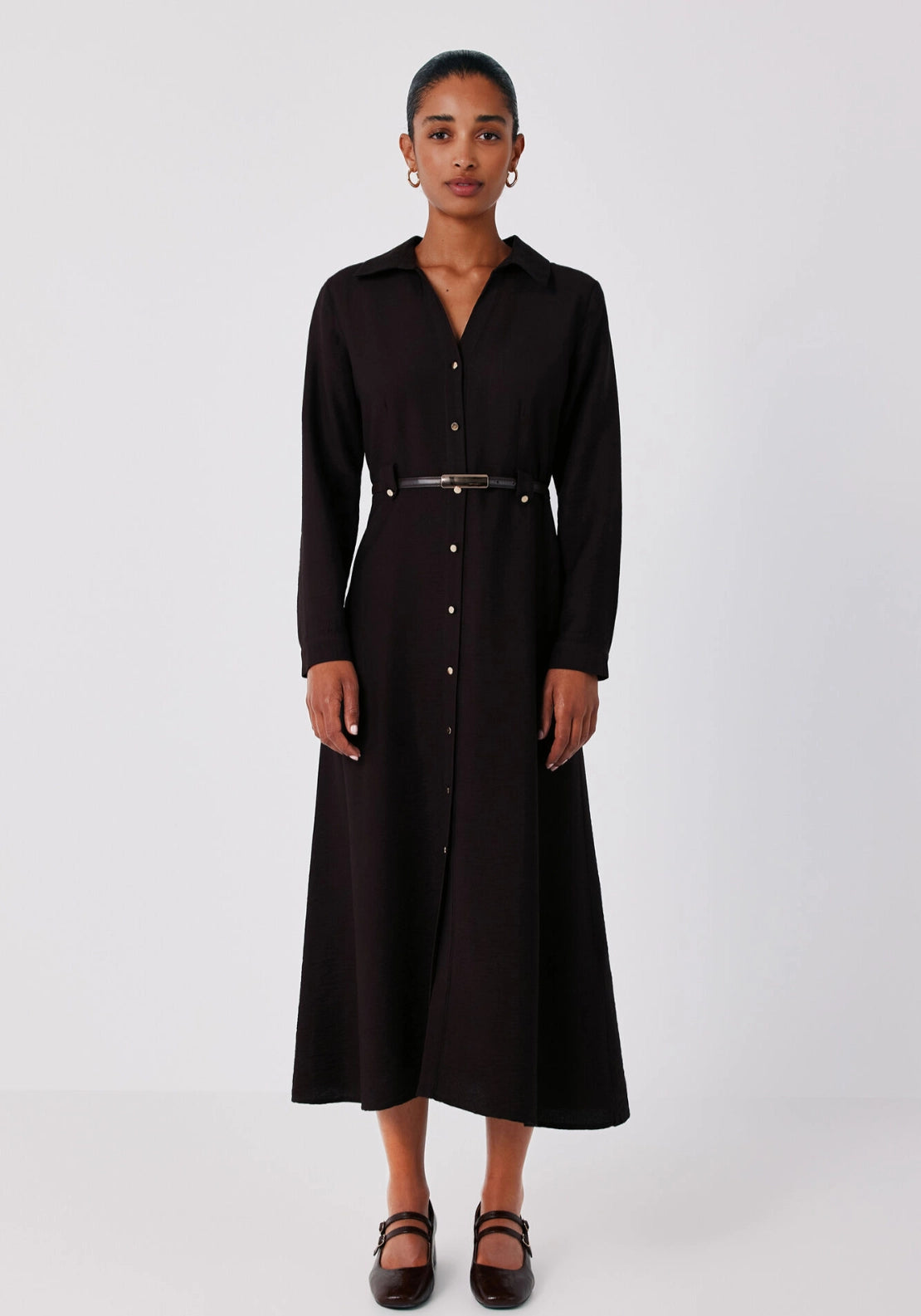 Viscose Lapel Shirt Midi Dress - Dark Brown