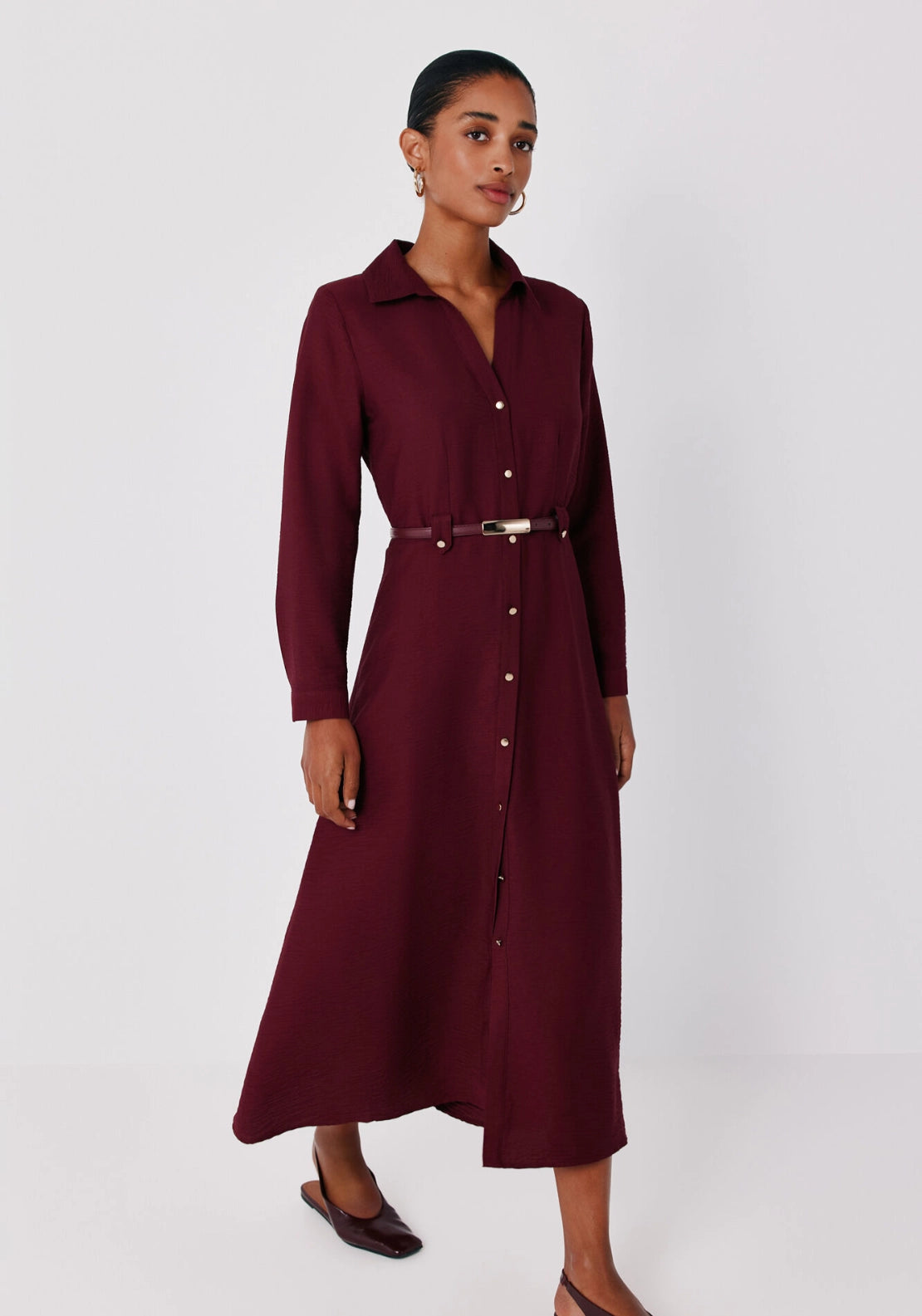 Viscose Lapel Shirt Midi Dress - Maroon