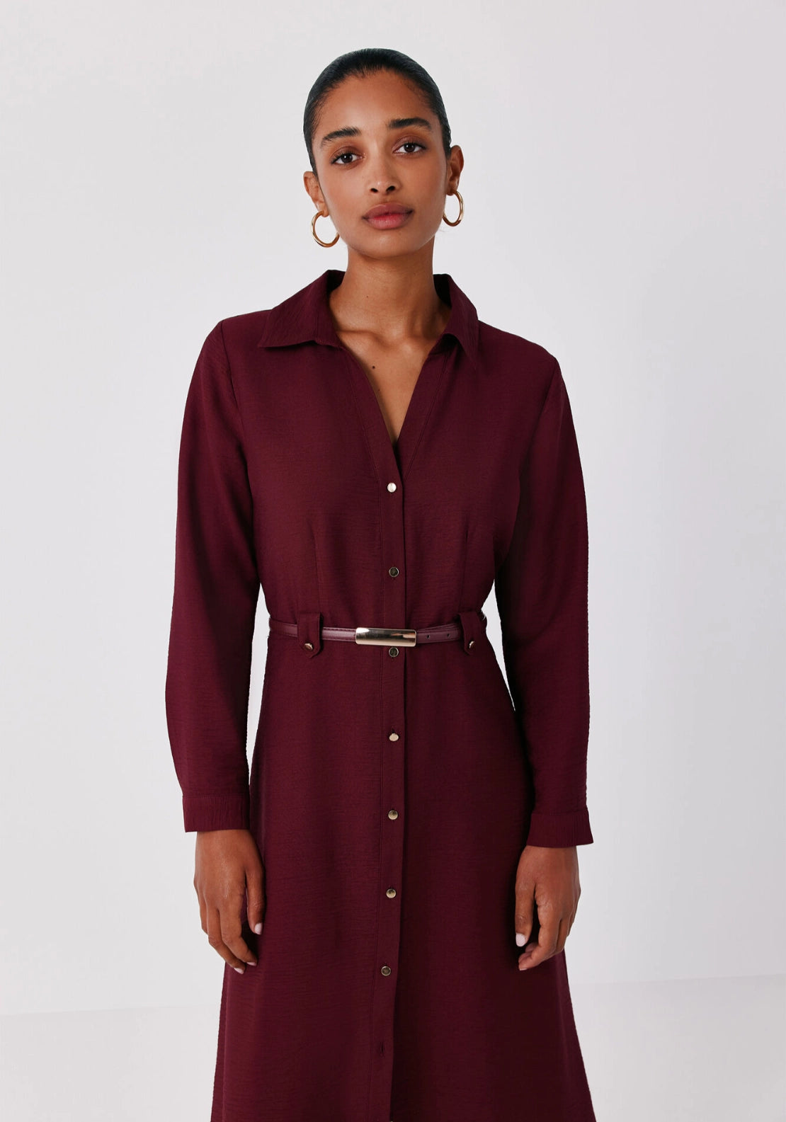Viscose Lapel Shirt Midi Dress - Maroon