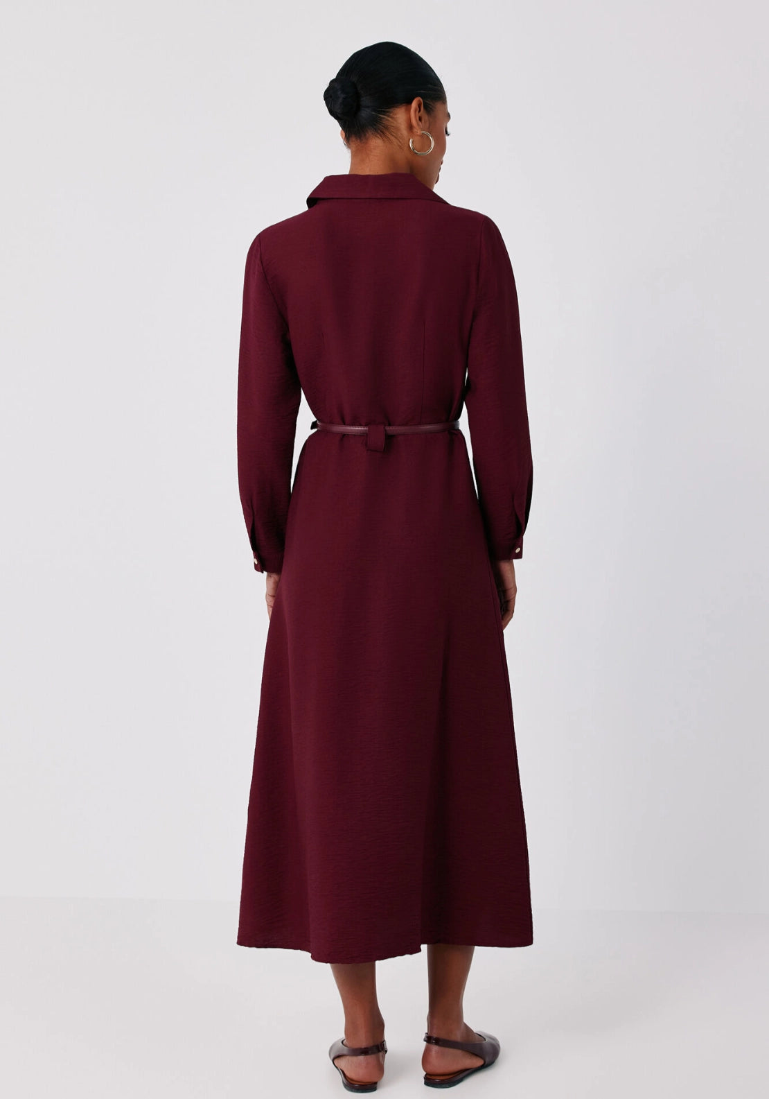 Viscose Lapel Shirt Midi Dress - Maroon
