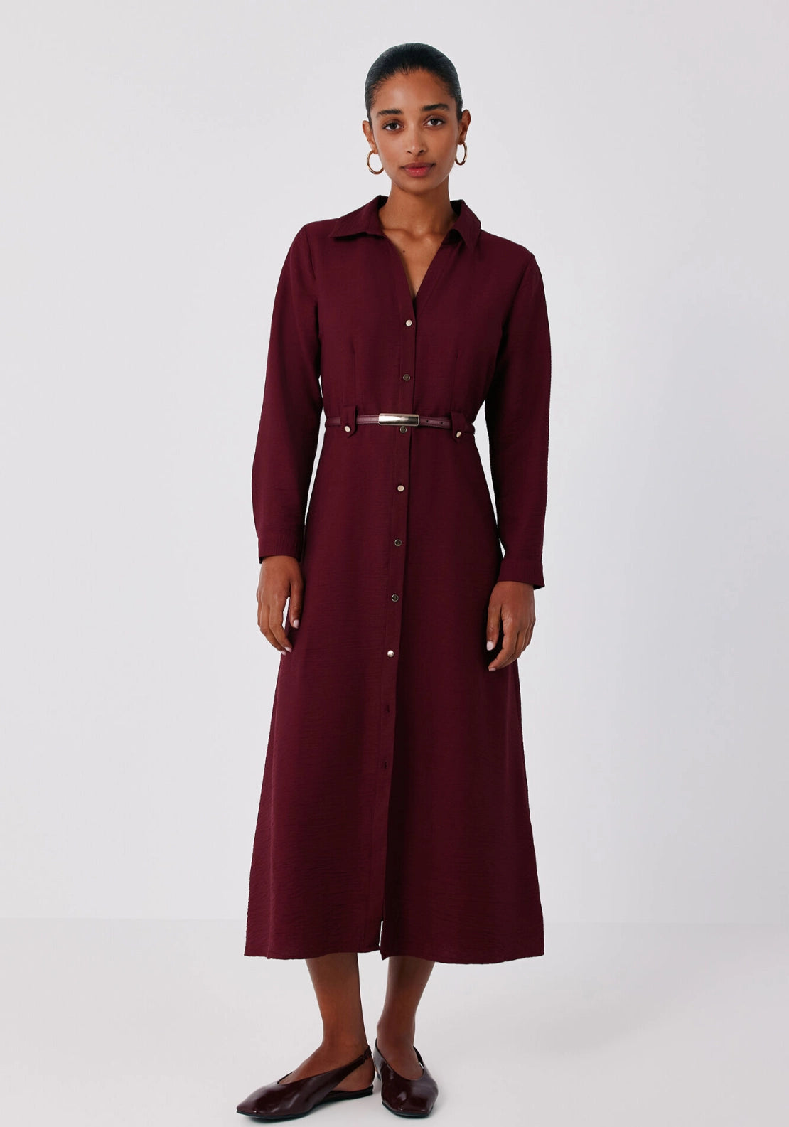 Viscose Lapel Shirt Midi Dress - Maroon