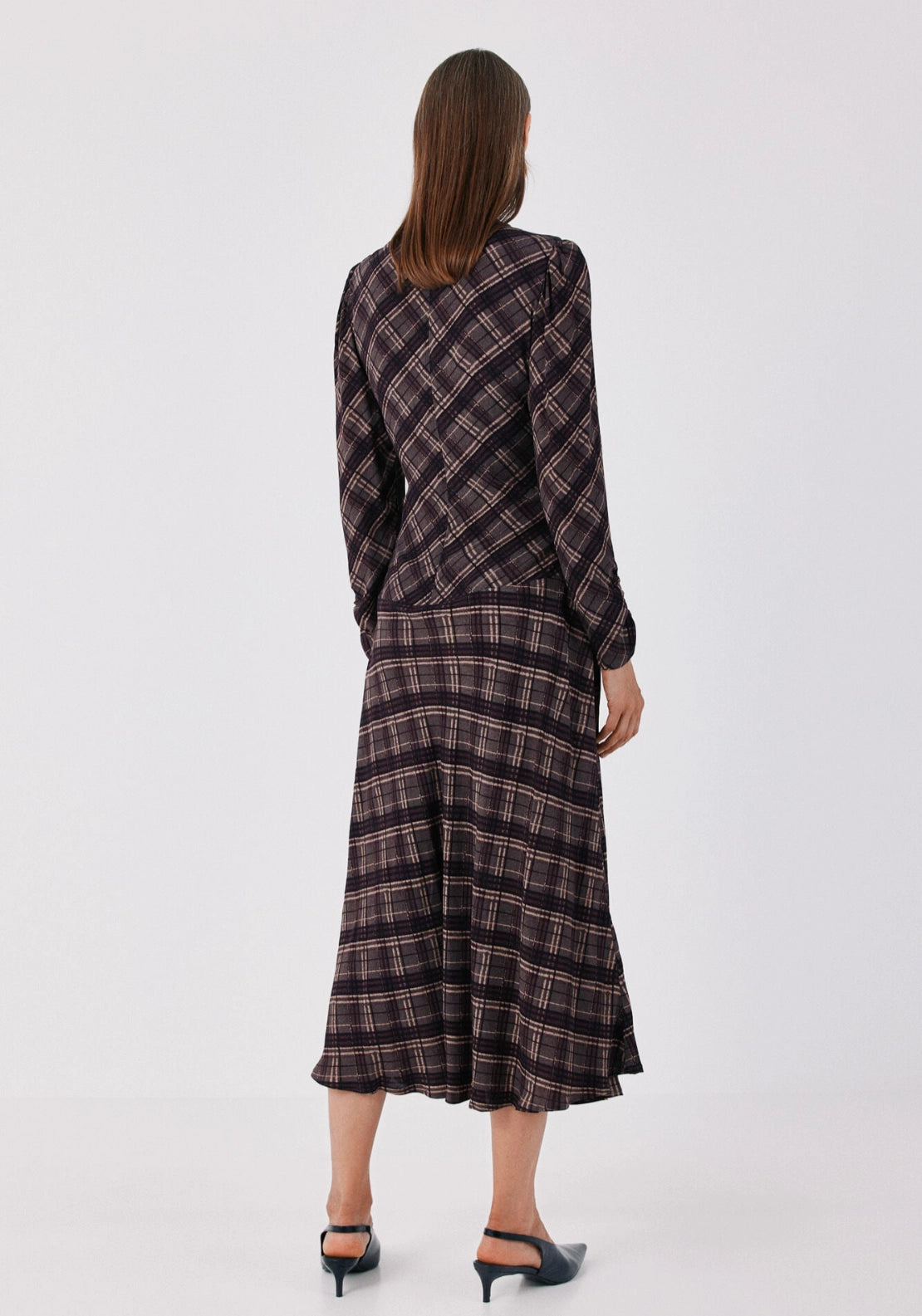 Plaid Print Round Neck Dress - Grey Print