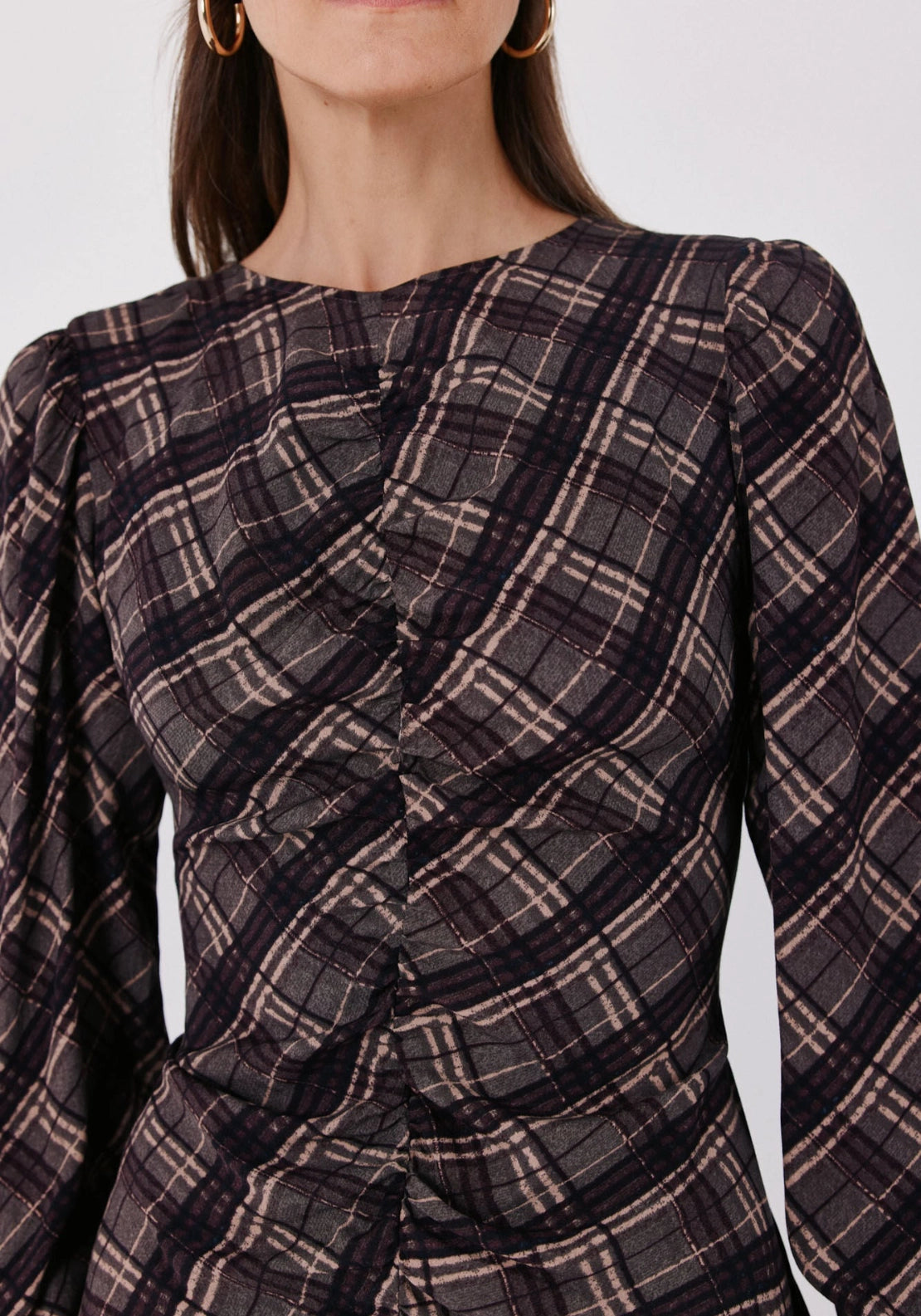 Plaid Print Round Neck Dress - Grey Print