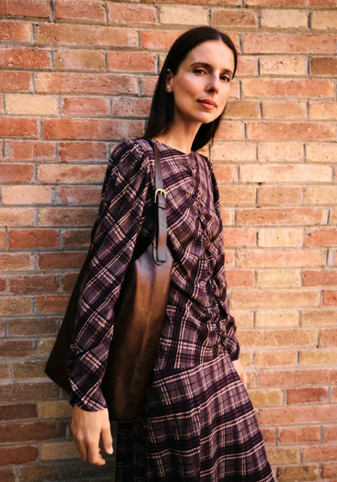Plaid Print Round Neck Dress - Grey Print