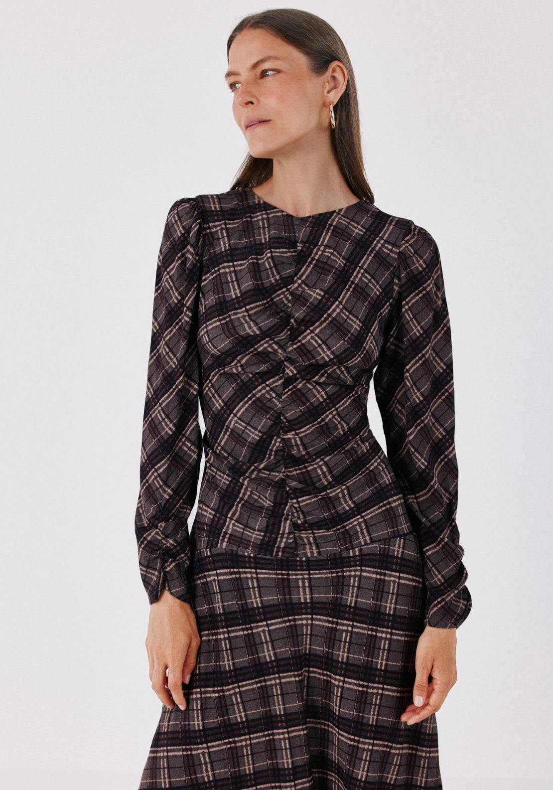 Plaid Print Round Neck Dress - Grey Print