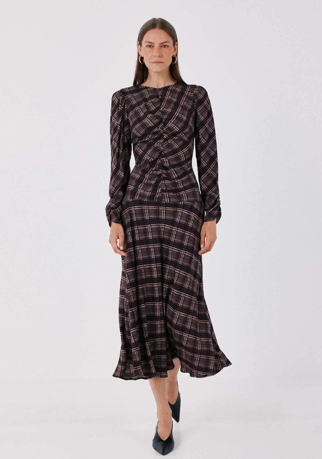 Plaid Print Round Neck Dress - Grey Print