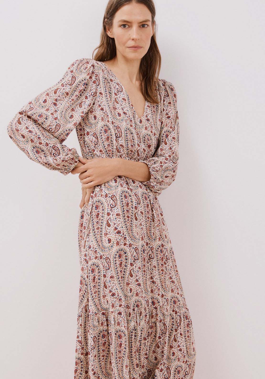 Cortefiel Long printed dress - White Print 2 Shaws Department Stores