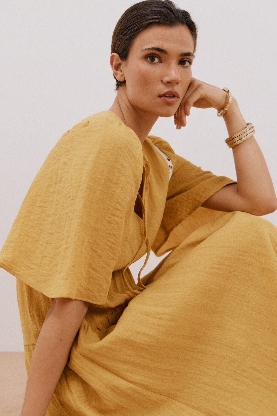 Cortefiel Long Sleeve Dress - Gold/mustard 1 Shaws Department Stores