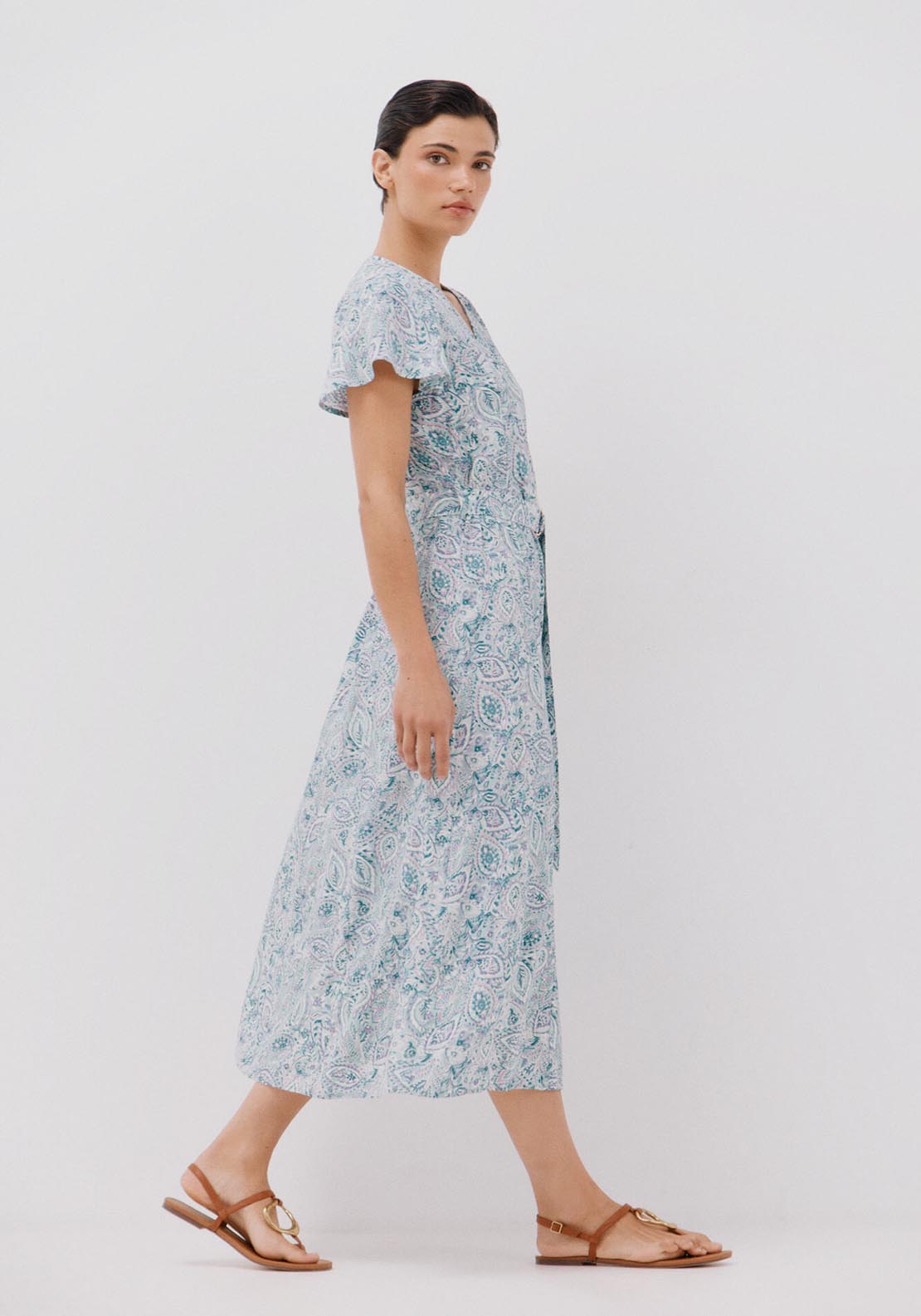 Cortefiel Printed Midi Dress - Green Print 3 Shaws Department Stores