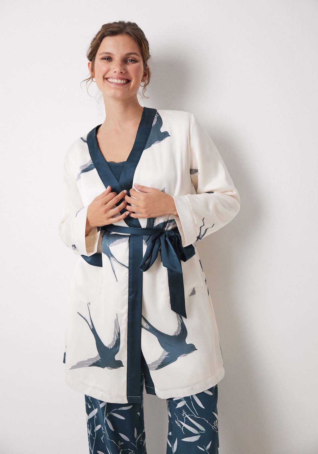 Womens Secret Bird print satin midi robe - White 1 Shaws Department Stores