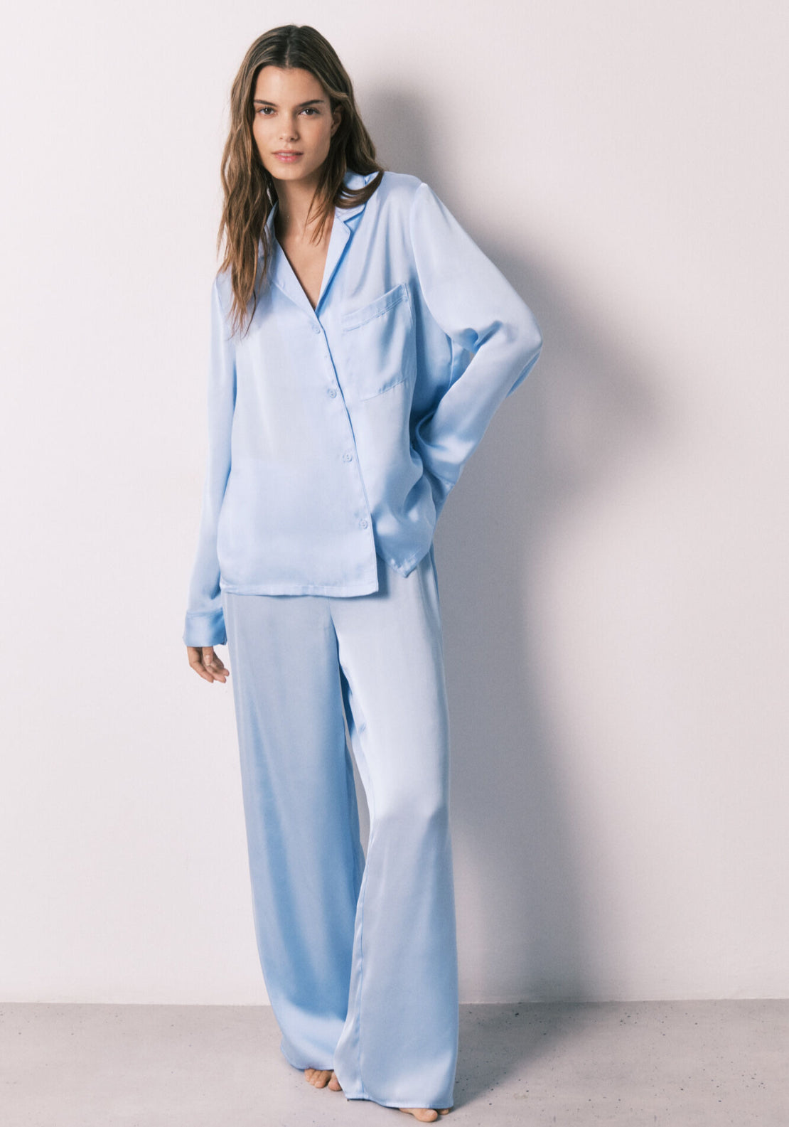 Satin Classic Long Pyjamas - Blue