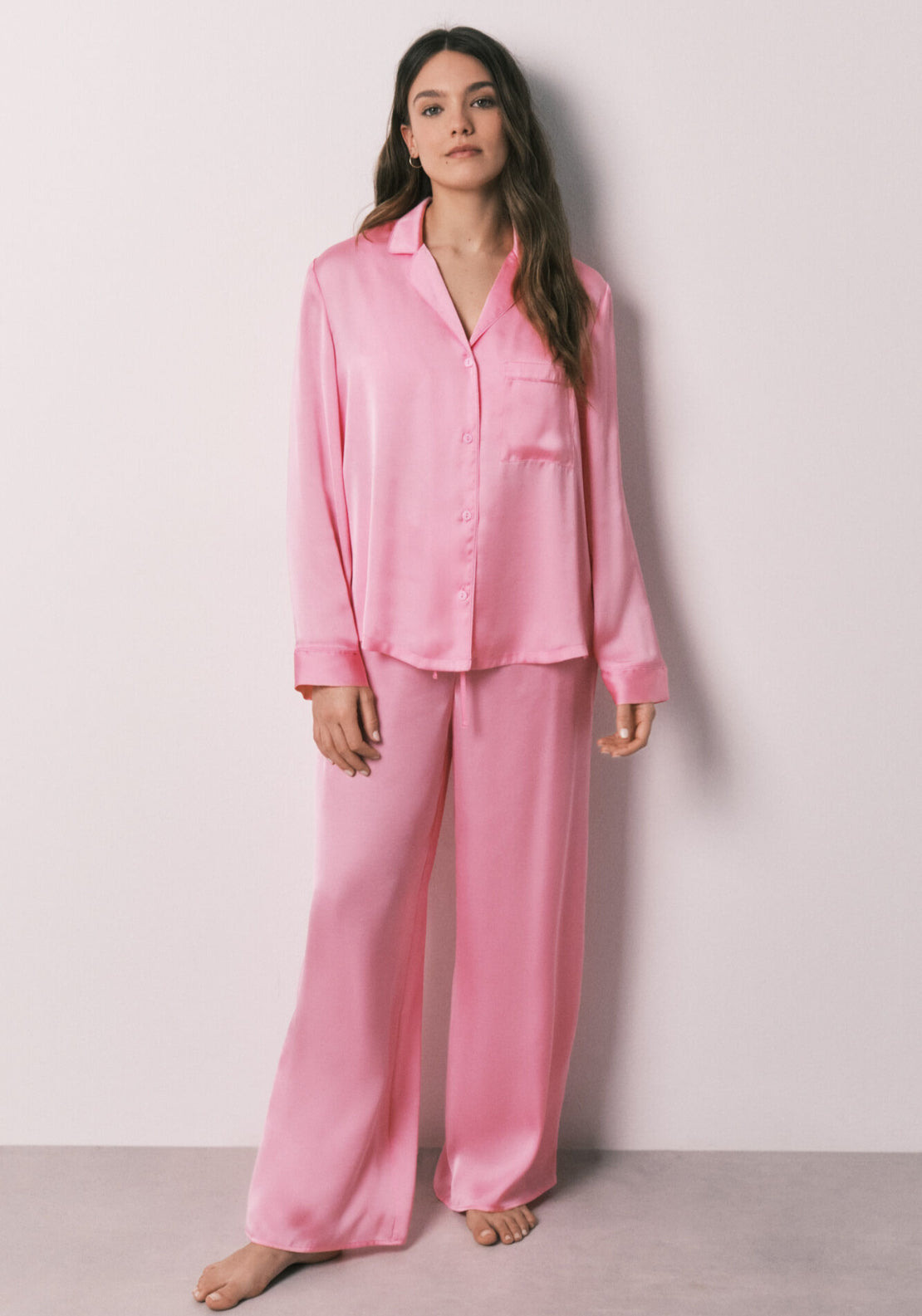 Satin Classic Long Pyjamas - Pink