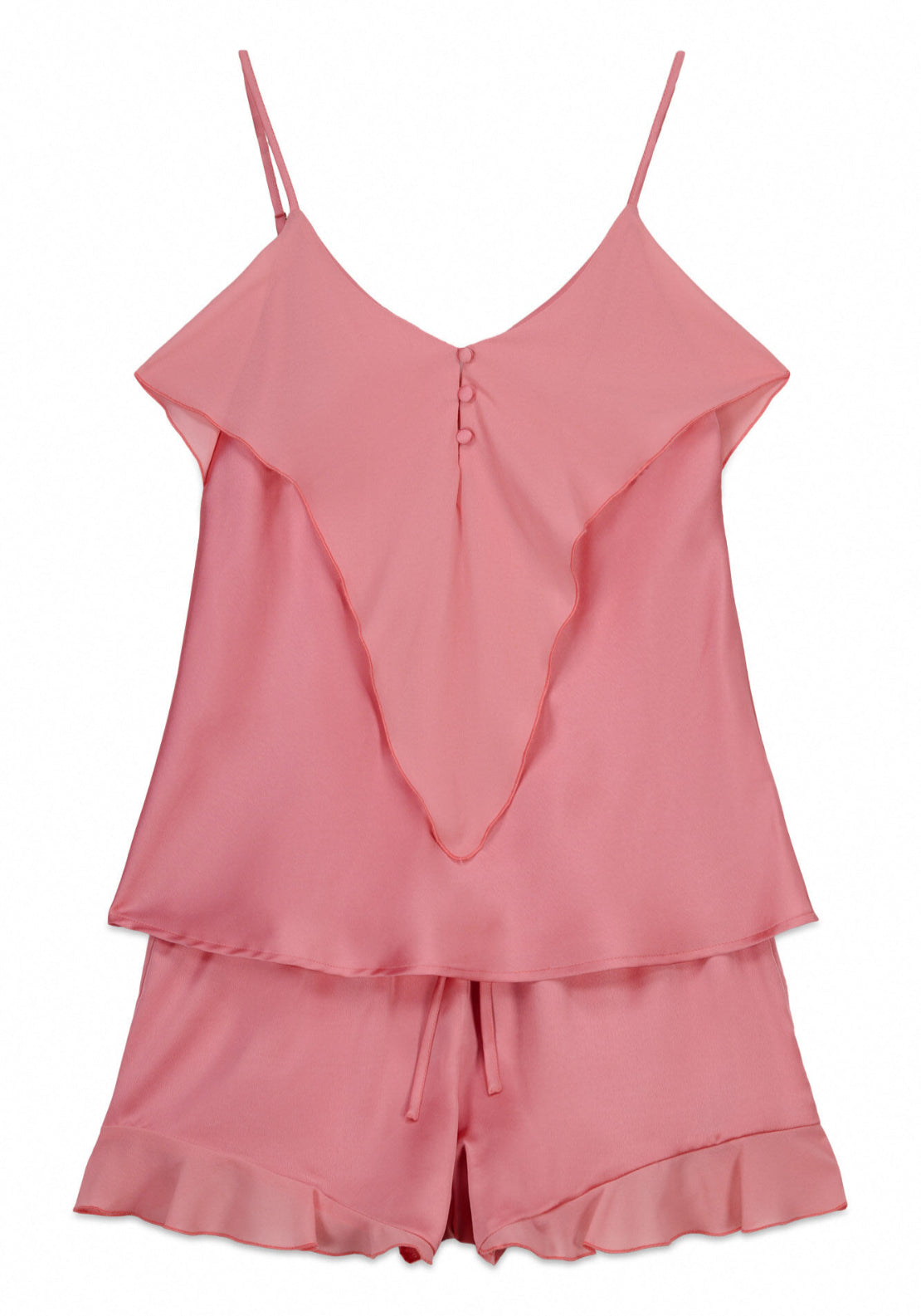 Satin-Finish Ruffle Strap Short Pyjamas - Pink