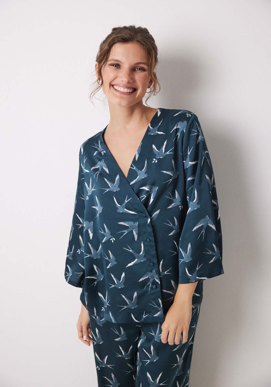 Womens Secret Long satin pajamas with bird print - Green 6 Shaws Department Stores