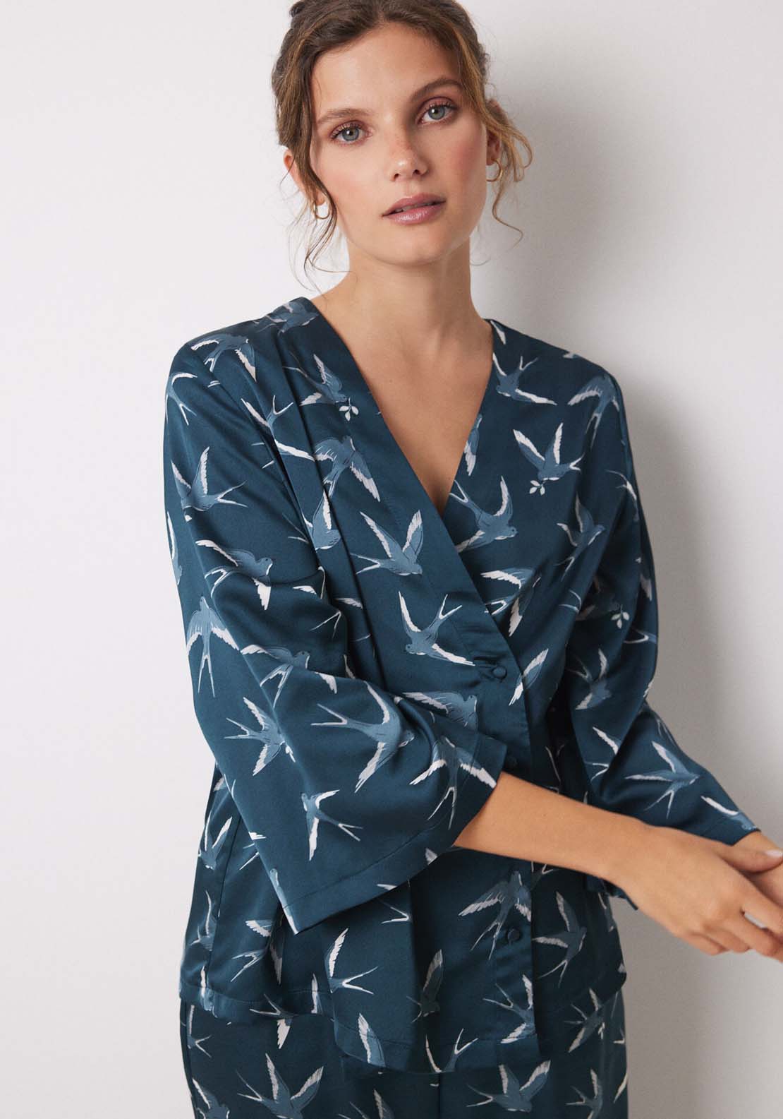 Womens Secret Long satin pajamas with bird print - Green 5 Shaws Department Stores