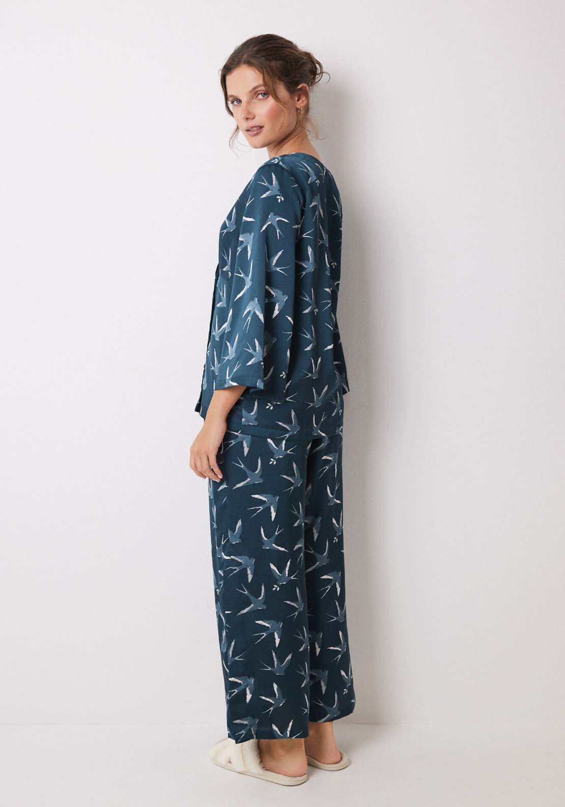 Womens Secret Long satin pajamas with bird print - Green 3 Shaws Department Stores