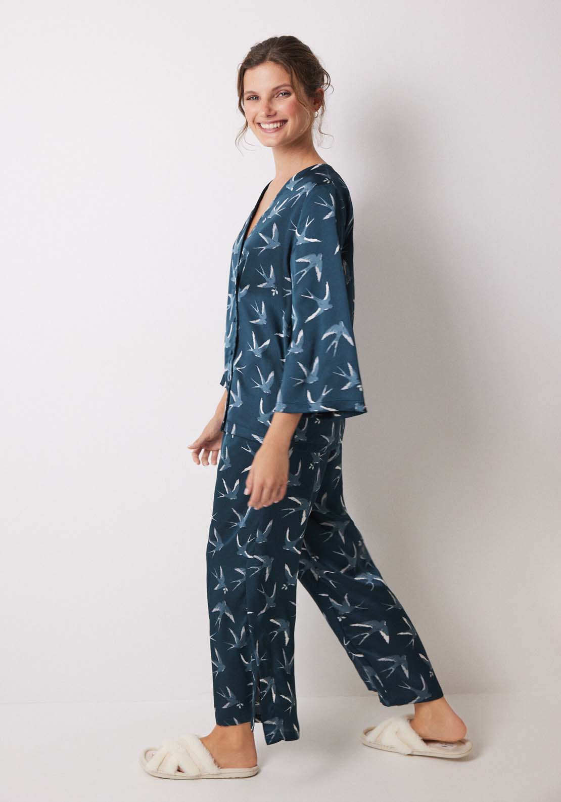 Womens Secret Long satin pajamas with bird print - Green 2 Shaws Department Stores
