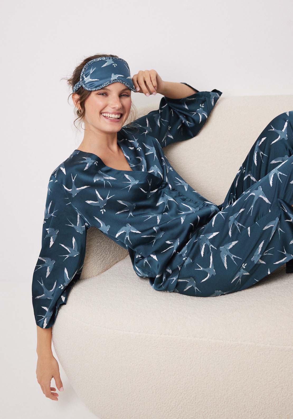 Womens Secret Long satin pajamas with bird print - Green 4 Shaws Department Stores