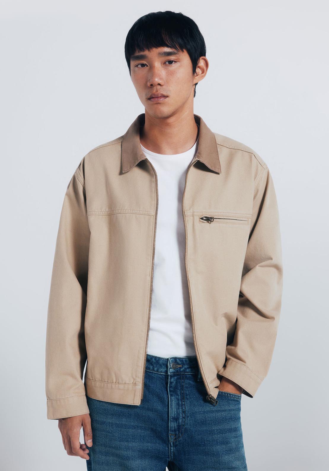 Contrast Washed Cotton Jacket - Beige/camel