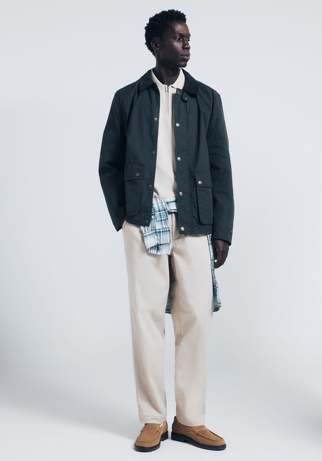 Corduroy Neck Short Parka - Green