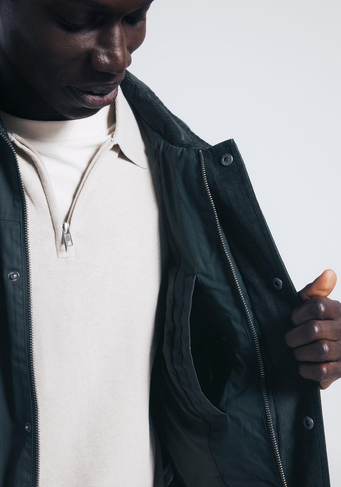 Corduroy Neck Short Parka - Green