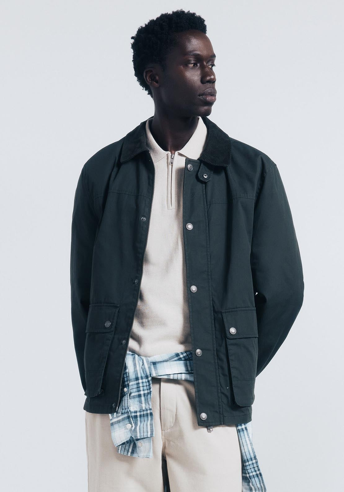 Corduroy Neck Short Parka - Green