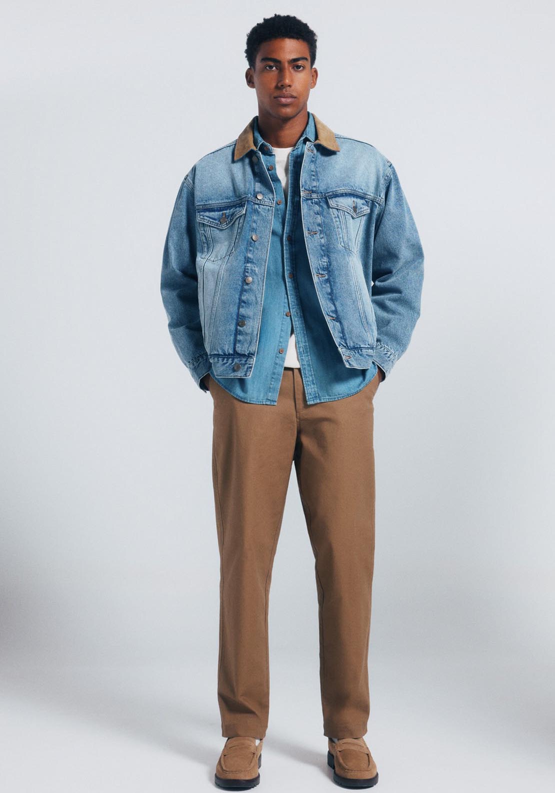 Springfield Oversized Denim Jacket Contrast Neck - Blue 6 Shaws Department Stores