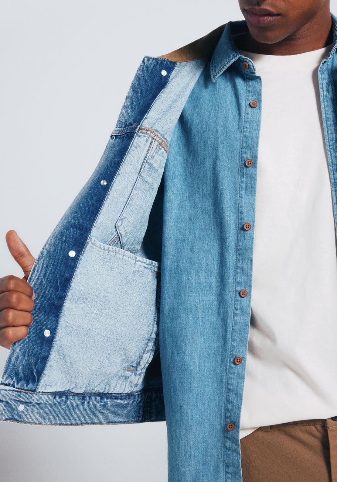 Springfield Oversized Denim Jacket Contrast Neck - Blue 3 Shaws Department Stores