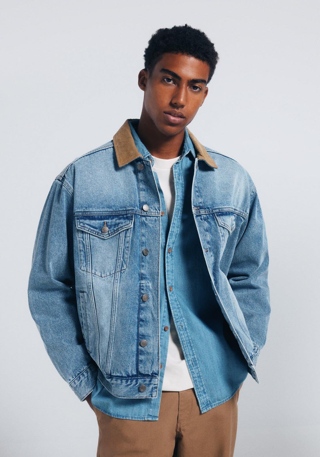 Springfield Oversized Denim Jacket Contrast Neck - Blue 1 Shaws Department Stores