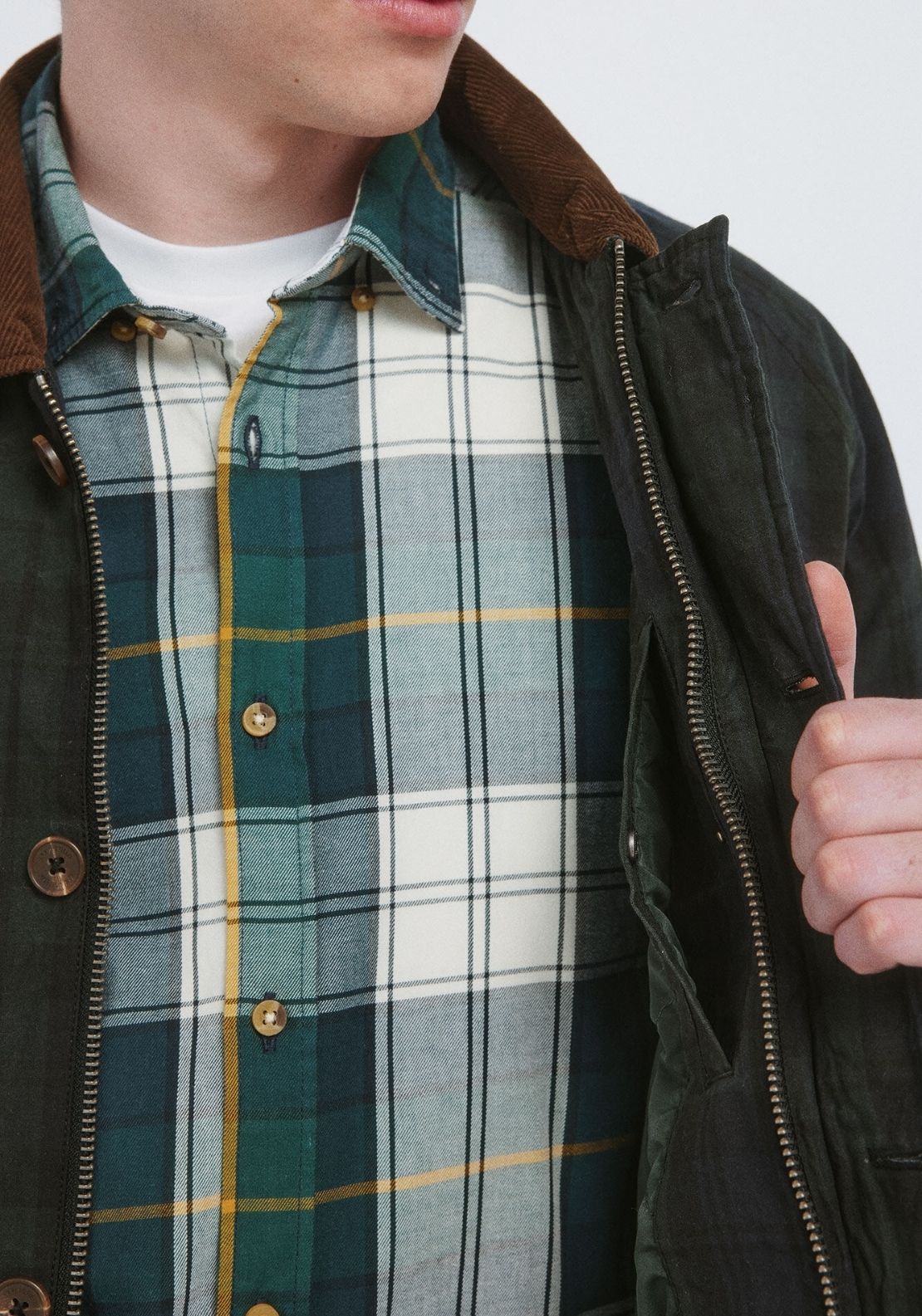 Checkered Parka With Corduroy Neck - Green