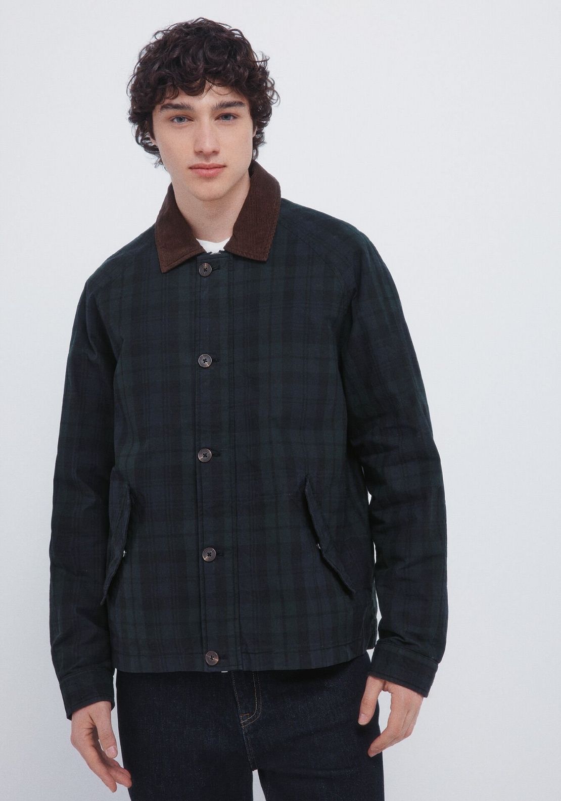 Checkered Parka With Corduroy Neck - Green