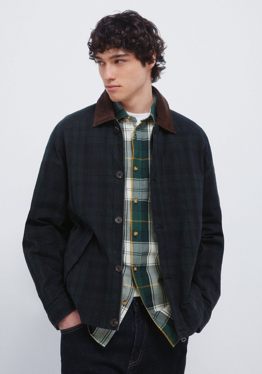 Checkered Parka With Corduroy Neck - Green